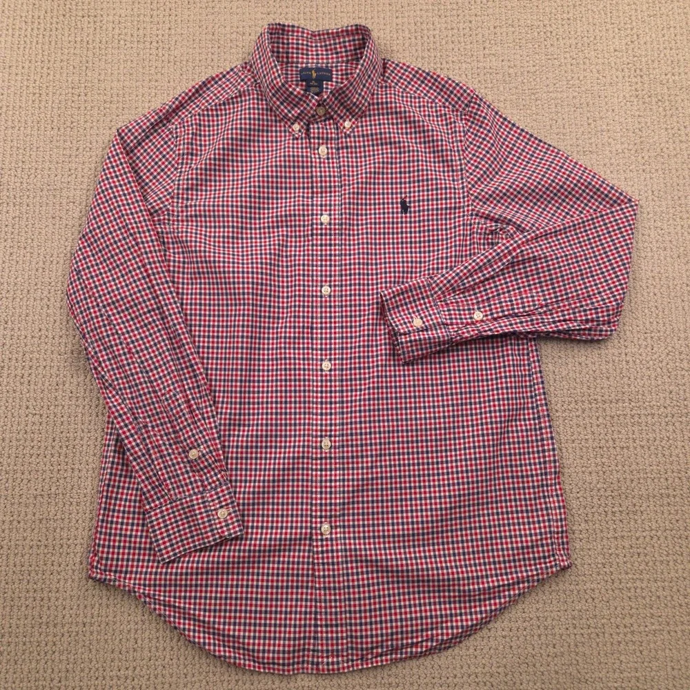 Ralph Lauren Button Down Long Sleeve Shirt Red White Blue Plaid‎ Boys Youth XL